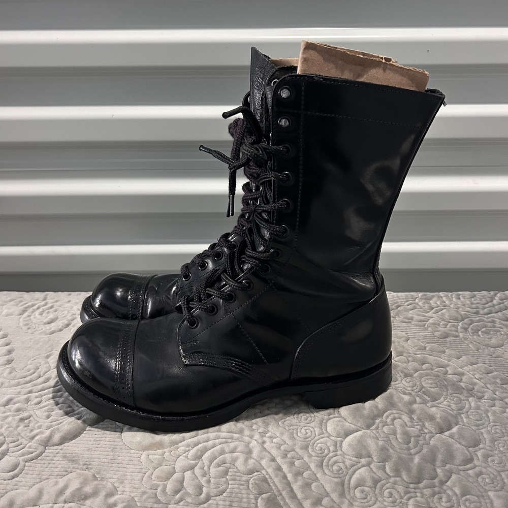 Mens Black Leather Military Jump Boots Cap Toe Lace Up Combat Boots High Shine